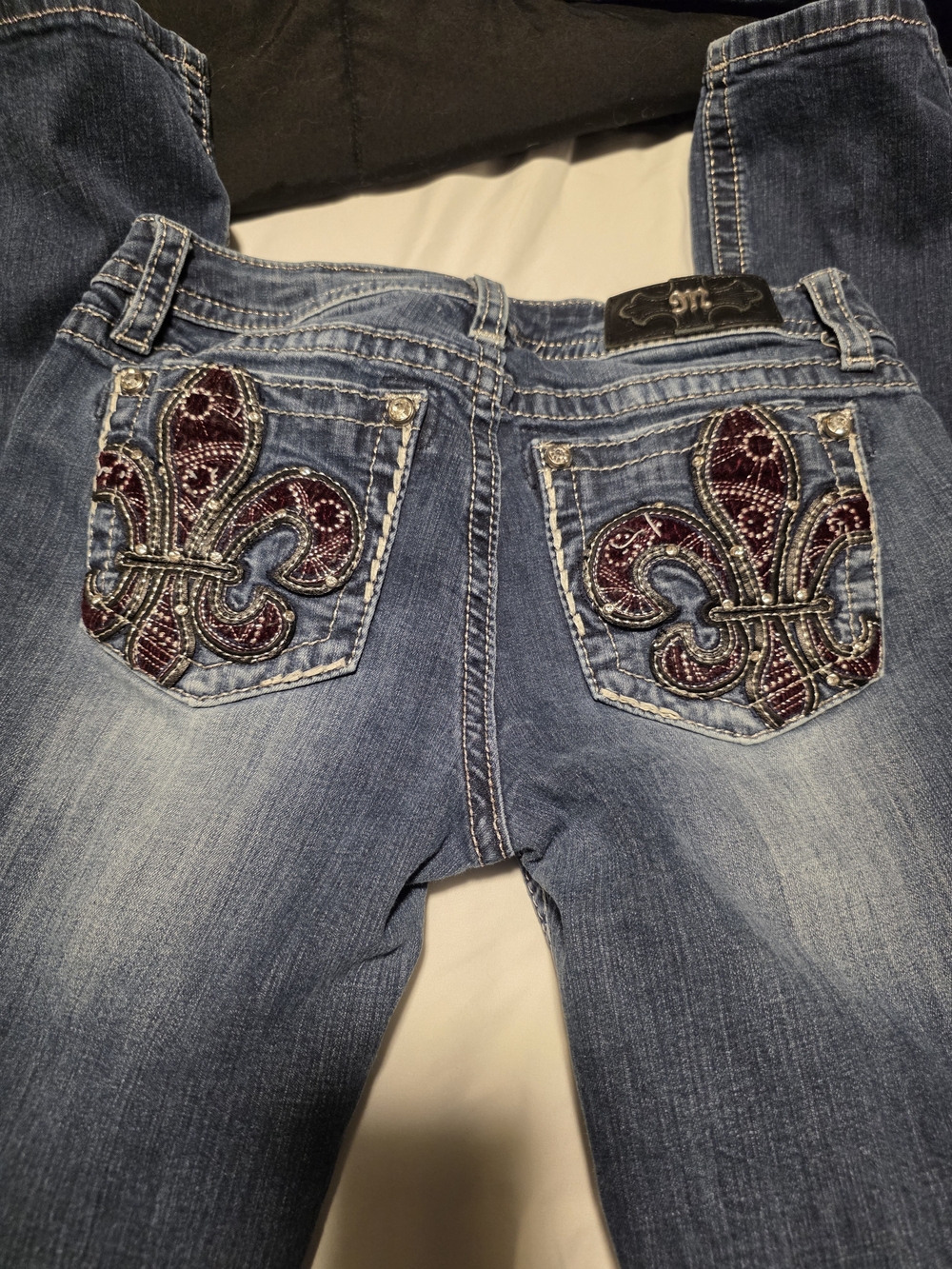 Miss Me Blue Skinny Jeans with Purple Fleur-de-Lis Embroidery